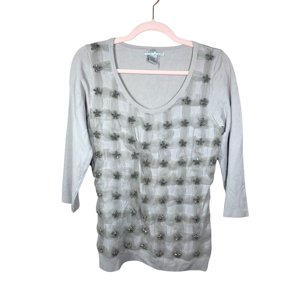 ALBERTO MAKALI Rhinestone Embellished Tulle Holiday‎ Scoop Neck Sweater Large